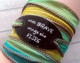 With brave wings, she flies , Crinkle Ribbon Bracelet, Hippie wrap bracelet, Positive Thinking, Ibiza, Message Bracelet,  Silk , #222