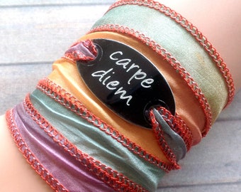 Carpe Diem, Enjoy Life, Hippie Wrap Bracelet, Silk Wrap Bracelet, Silk Ribbon Bracelet, Ibiza, Silk, New Age, Happy Living, Boho   #223