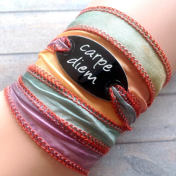 Hippie Wrap Bracelet,Carpe Diem,Silk Wrap Bracelet,Blue Orange Silk Ribbons,Ibiza Jewelry,New Age,Gift for Women,Custom Name Bracelet  #223