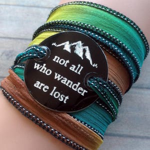 silk wrap bracelet- silk ribbon bracelet-boho-silk wrap-yoga-ruband de soie-seidenband-, Not all who wander are lost #196