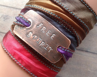 Hippie Wrap Bracelet, Silk wrap bracelet, Free Spirit, handstamped, silk ribbon, #217