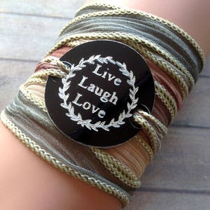 Wrap Bracelet crinkle silk wrap boho hand stamped inspiration bracelet text, LIVE LAUGH LOVE 193 画像 1