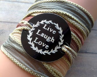 laugh SeaGreen beige seta wrap bracciale-malva crinkle inciso a nastro tag citazione-live amore-mano tinto a mano bracciale-regalo per le donne - n. 193