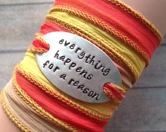 Wrap Bracelet crinkle silk wrap boho hand stamped inspiration bangle bracelet text, Everything happens for a reason #209