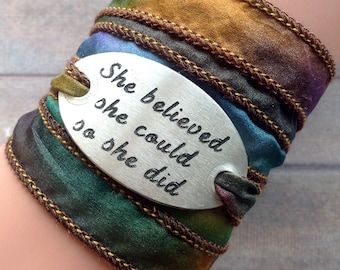 Wrap Bracelet crinkle silk wrap boho hand stamped inspiration bracelet text, She believed she could so she did #199