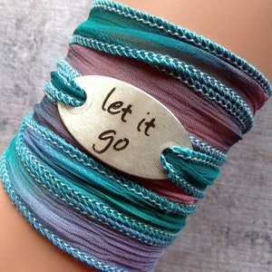 Wrap Bracelet crinkle silk wrap boho hand stamped inspiration bracelet text, LET IT GO 203 image 1