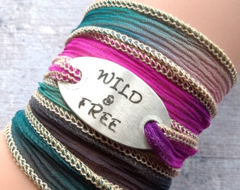 Wikkelarmband crinkle zijde  armband gegraveerd, WILD & FREE,  spiritual gift #204