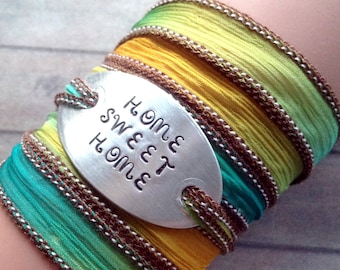 Home sweet home sign, Hippie Wrap Bracelet, Silk Wrap Bracelet, Ibiza, Silk  Ribbon, Turquoise, Yellow, Green, Boho Wrap, Metalstamping #210