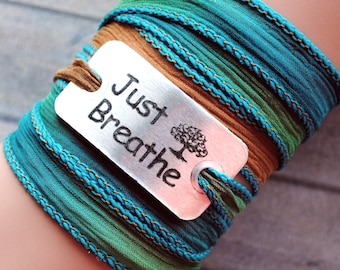 silk wrap bracelet- silk ribbon bracelet-boho-silk wrap-ruband de soie-seidenband-, Just breathe #156