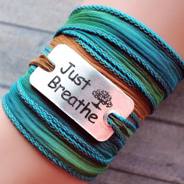 wrap bracelet-aquamarin-boho bracelet-just breathe-metal tag-green crinkle ribbon-hand dyed-Silky Colors- yoga bracelet-customized - #156