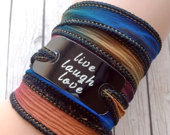 silk wrap bracelet- silk ribbon bracelet-boho-silk wrap-yoga-ruband de soie-seidenband-, Live Laugh Love #180