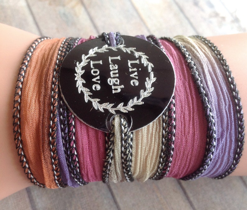 Wrap Bracelet crinkle silk wrap boho hand stamped inspiration bracelet text, LIVE LAUGH LOVE 216 image 3