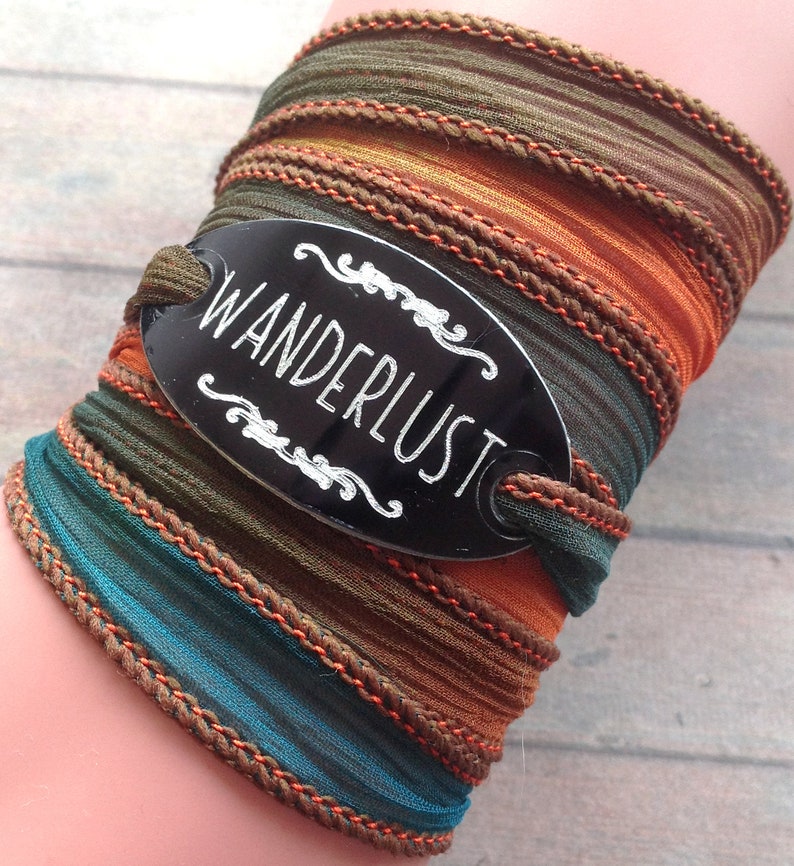 wanderlust wrap bracelet-petrol orange silk ribbon-boho travel girl-adventure bracelets-bracelet femme voyage-mountain bracelet-viaje208 image 1