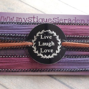 Wrap Bracelet crinkle silk wrap boho hand stamped inspiration bracelet text, LIVE LAUGH LOVE 216 image 5