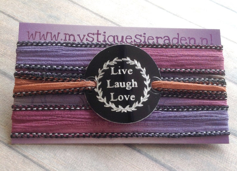 Wrap Bracelet crinkle silk wrap boho hand stamped inspiration bracelet text, LIVE LAUGH LOVE 216 image 5