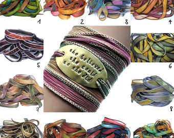 Silk wrap bracelet-silk ribbon bracelet-boho jewelry-she believed she could so she did -choose ribbon-seidenband-ruban de soie-
