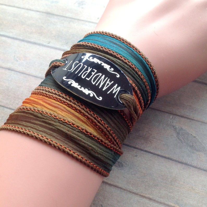 wanderlust wrap bracelet-petrol orange silk ribbon-boho travel girl-adventure bracelets-bracelet femme voyage-mountain bracelet-viaje208 image 4