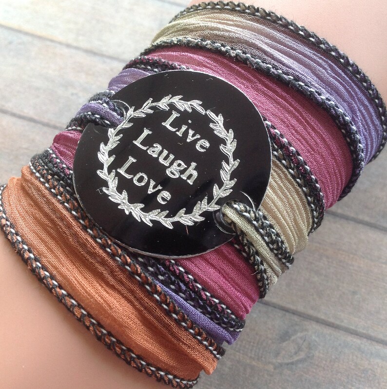 Wrap Bracelet crinkle silk wrap boho hand stamped inspiration bracelet text, LIVE LAUGH LOVE 216 image 1