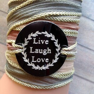 Wrap Bracelet crinkle silk wrap boho hand stamped inspiration bracelet text, LIVE LAUGH LOVE 193 image 4