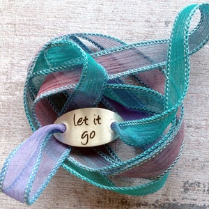 Wrap Bracelet crinkle silk wrap boho hand stamped inspiration bracelet text, LET IT GO 203 image 2