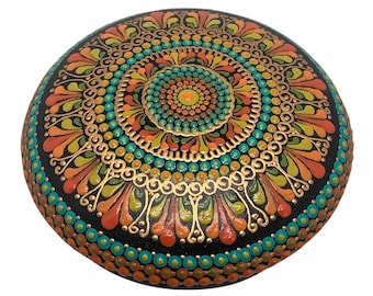 Large mandala stone, orange blue yellow decor, gold detail artstone, boho meditation gift, gratitude stone, handmade spiritual decor