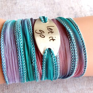 Wrap Bracelet crinkle silk wrap boho hand stamped inspiration bracelet text, LET IT GO 203 image 4