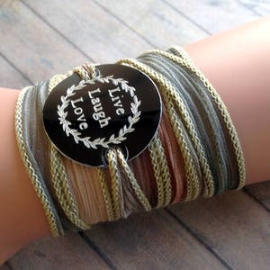 Wrap Bracelet crinkle silk wrap boho hand stamped inspiration bracelet text, LIVE LAUGH LOVE 193 画像 3