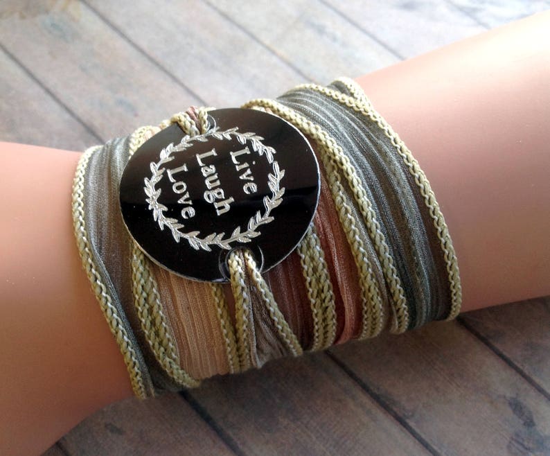 Wrap Bracelet crinkle silk wrap boho hand stamped inspiration bracelet text, LIVE LAUGH LOVE 193 画像 3