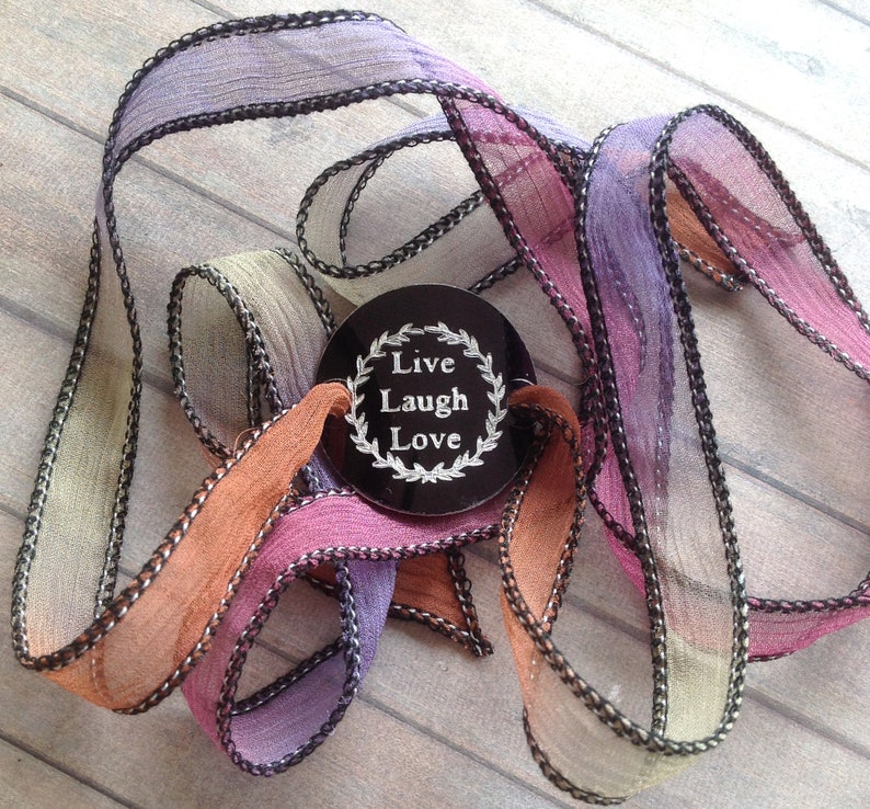 Wrap Bracelet crinkle silk wrap boho hand stamped inspiration bracelet text, LIVE LAUGH LOVE 216 image 2