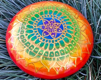 Mandala Stone Chakra, Stone Rainbow, Hand Painted, Gratitude Stone, Decoration Stone, Meditation Stone, Yoga Studio, Home Decor,Mandala Art