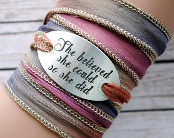 Wrap Bracelet crinkle silk wrap boho hand stamped inspiration bracelet text, She believed she could so she did #151