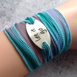 Wrap Bracelet crinkle silk wrap boho hand stamped inspiration bracelet text, LET IT GO 203 image 5