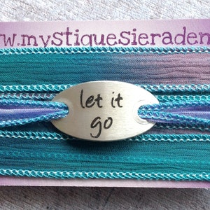 Wrap Bracelet crinkle silk wrap boho hand stamped inspiration bracelet text, LET IT GO 203 image 6