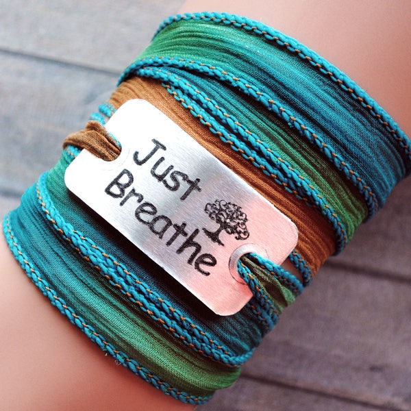 silk wrap bracelet- silk ribbon bracelet-boho-silk wrap-ruband de soie-seidenband-, Just breathe #156