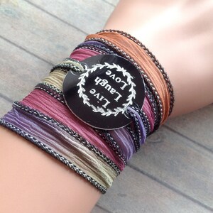 Wrap Bracelet crinkle silk wrap boho hand stamped inspiration bracelet text, LIVE LAUGH LOVE 216 image 4