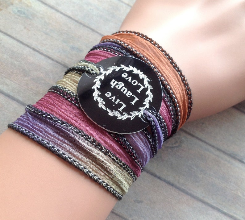 Wrap Bracelet crinkle silk wrap boho hand stamped inspiration bracelet text, LIVE LAUGH LOVE 216 image 4