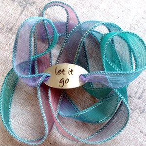 Wrap Bracelet crinkle silk wrap boho hand stamped inspiration bracelet text, LET IT GO 203 image 3