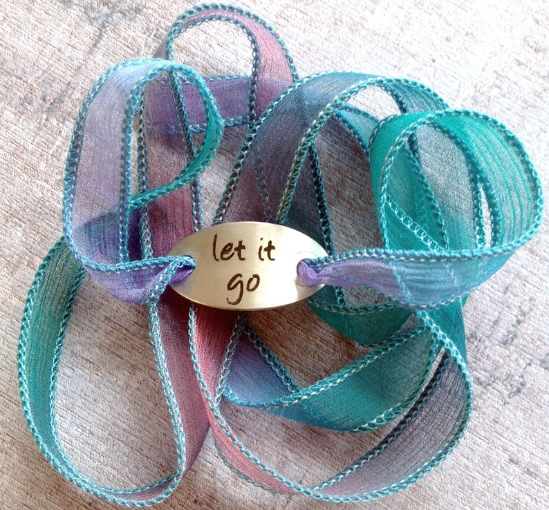 Wrap Bracelet crinkle silk wrap boho hand stamped inspiration bracelet text, LET IT GO 203 image 3