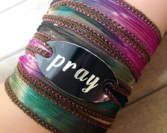 Wrap Bracelet crinkle silk wrap boho hand stamped inspiration bracelet text, PRAY #188