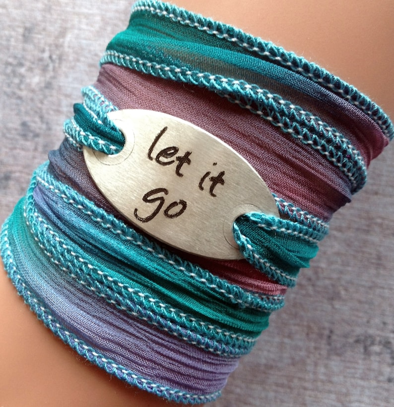 Wrap Bracelet crinkle silk wrap boho hand stamped inspiration bracelet text, LET IT GO 203 image 1