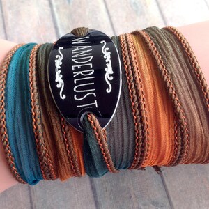 wanderlust wrap bracelet-petrol orange silk ribbon-boho travel girl-adventure bracelets-bracelet femme voyage-mountain bracelet-viaje208 image 2