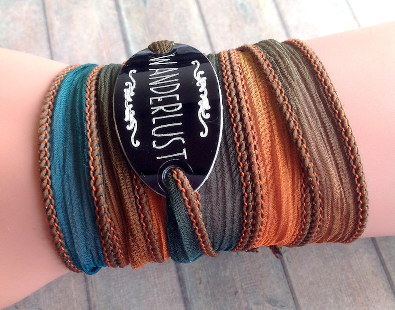 wanderlust wrap bracelet-petrol orange silk ribbon-boho travel girl-adventure bracelets-bracelet femme voyage-mountain bracelet-viaje208 image 2