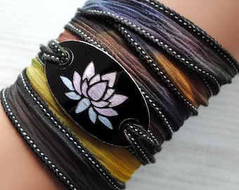 Wikkelarmband crinkle zijde inspiratie armband gegraveerd Lotus #163