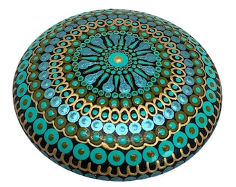 Hand Painted Mandala Stone, Blue Metallic Rock with Gold Accents, Dot Art Meditation Stone, Gratitude Gift, Spiritual Decor, Calming Decor