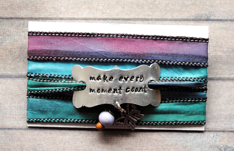 Silk wrap bracelet, yoga bracelet, quote bracelet, inspired bracelet, hand stamped, yoga bracelet,make every moment count image 4