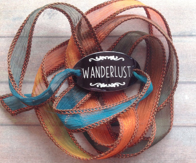 wanderlust wrap bracelet-petrol orange silk ribbon-boho travel girl-adventure bracelets-bracelet femme voyage-mountain bracelet-viaje208 image 3