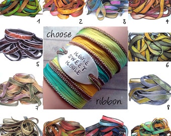 Zijden wikkelarmband-Kies kleur lint- yoga- boho wikkelarmband- crinkle zijde- HOME SWEET HOME- spiritueel kado bohemian sieraden #210