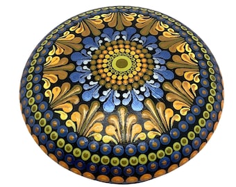 Hand-Painted Mandala Stone, Blue & Gold Dot Art, Mindfulness Gift, Meditation Stone, Zen Home Decor, Varnished Rock