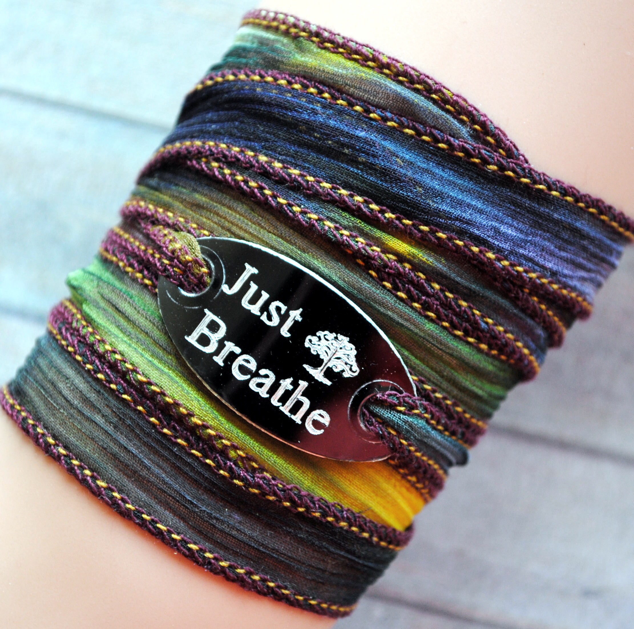 lavendel green silk wrap bracelet-engraved metal tag-just breathe quote-yellow crinkle ribbon-hand dyed-gift for her-mothersday-boho-#155