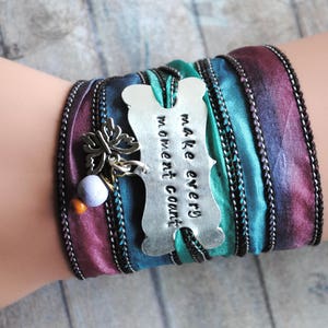 Silk wrap bracelet, yoga bracelet, quote bracelet, inspired bracelet, hand stamped, yoga bracelet,make every moment count image 2